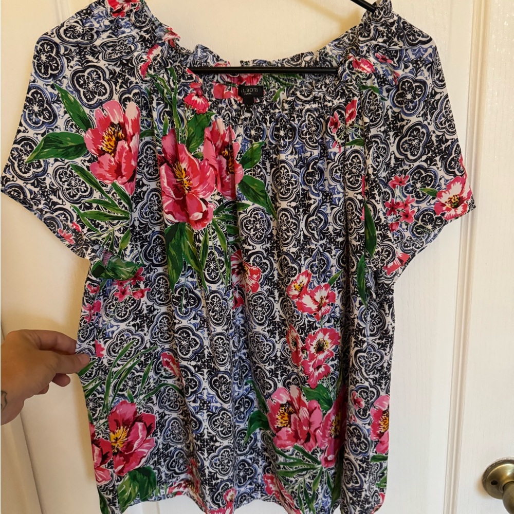 Talbots Blue and pink Boxy Short Sleeve Blouse